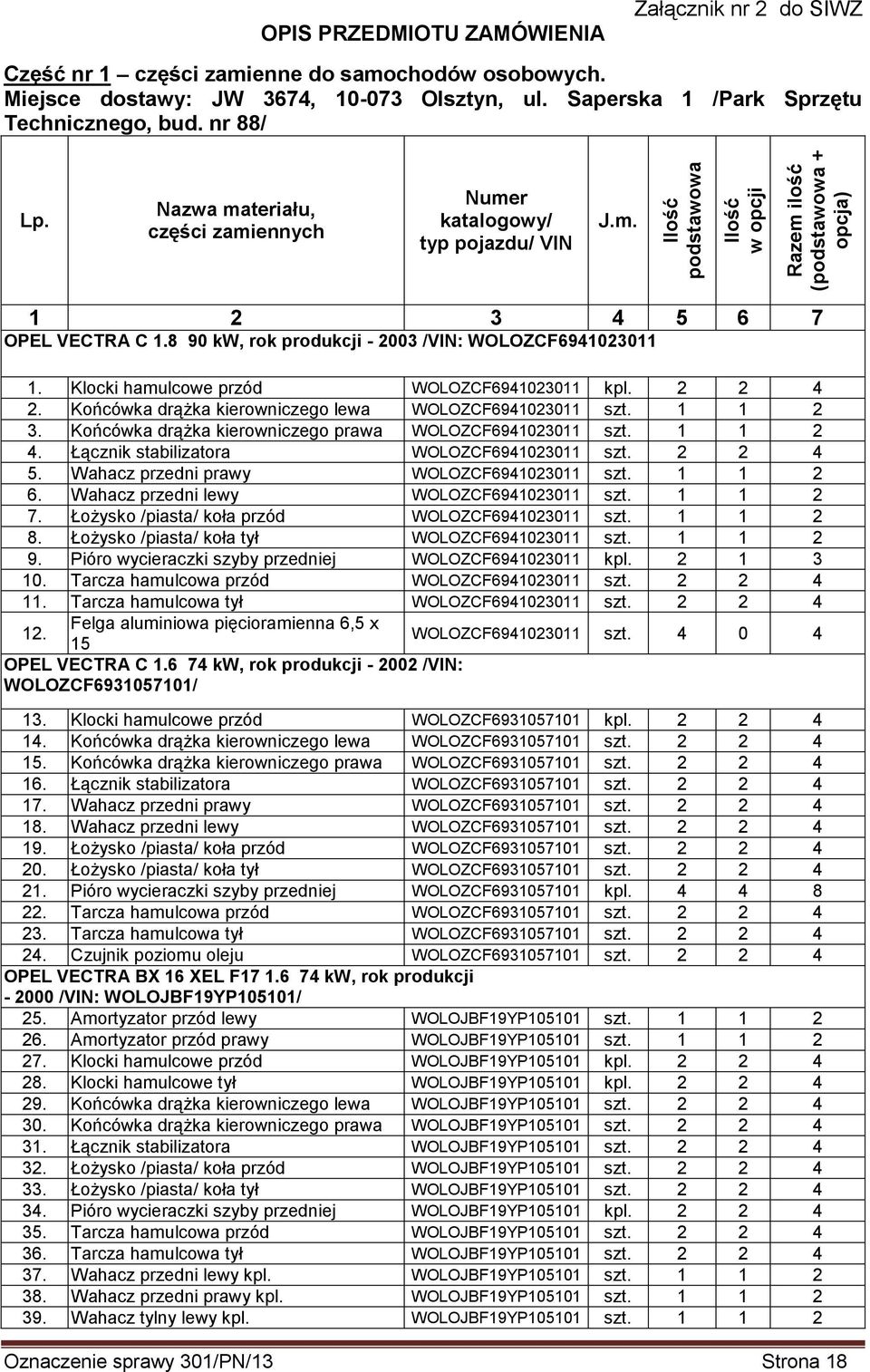 8 90 kw, rok produkcji - 2003 /VIN: WOLOZCF6941023011 1. Klocki hamulcowe przód WOLOZCF6941023011 kpl. 2 2 4 2. Końcówka drążka kierowniczego lewa WOLOZCF6941023011 szt. 1 1 2 3.