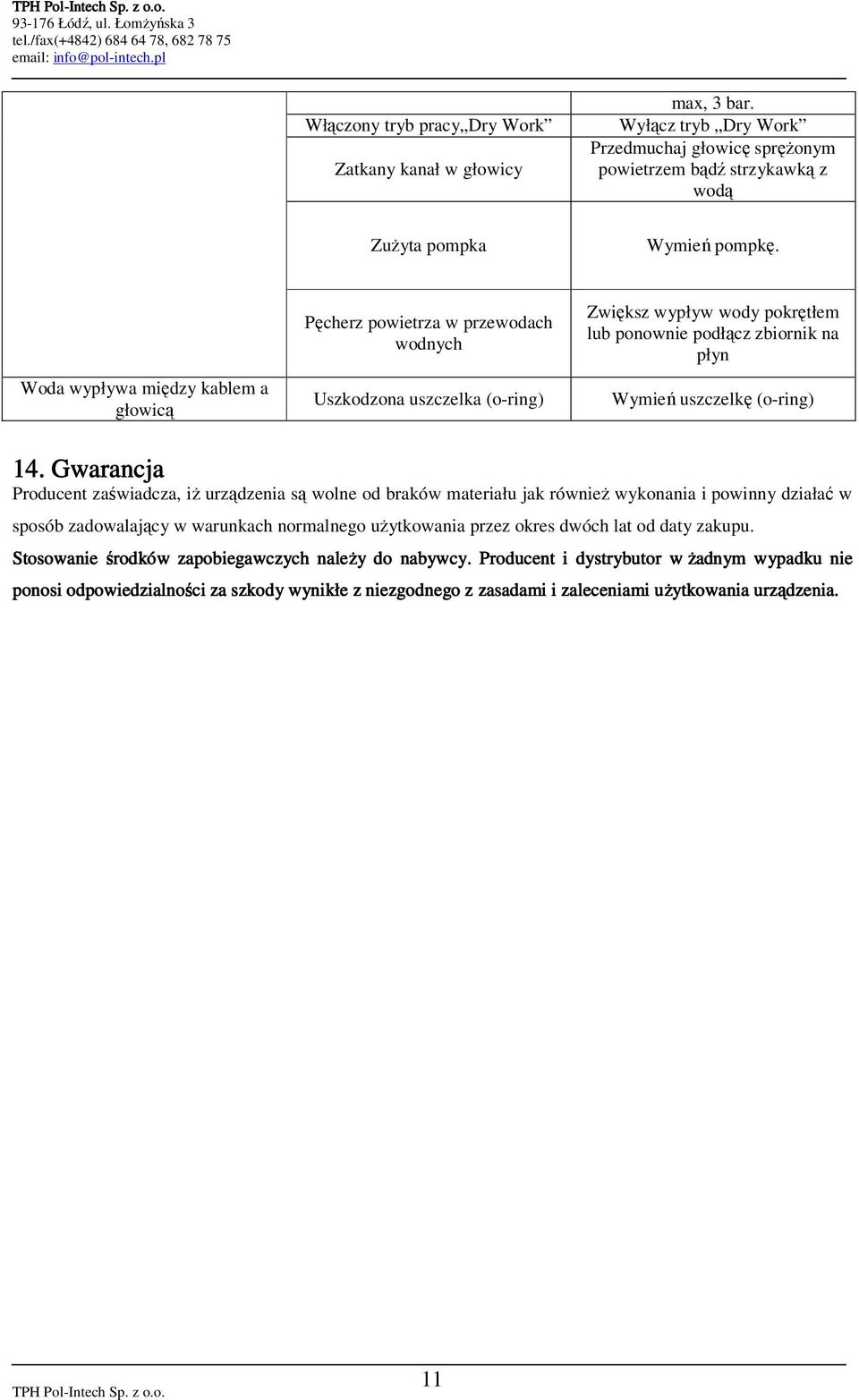 14. Gwarancja Producent zaświadcza, iŝ urządzenia są wolne od braków materiału jak równieŝ wykonania i powinny działać w sposób zadowalający w warunkach normalnego uŝytkowania przez okres dwóch lat