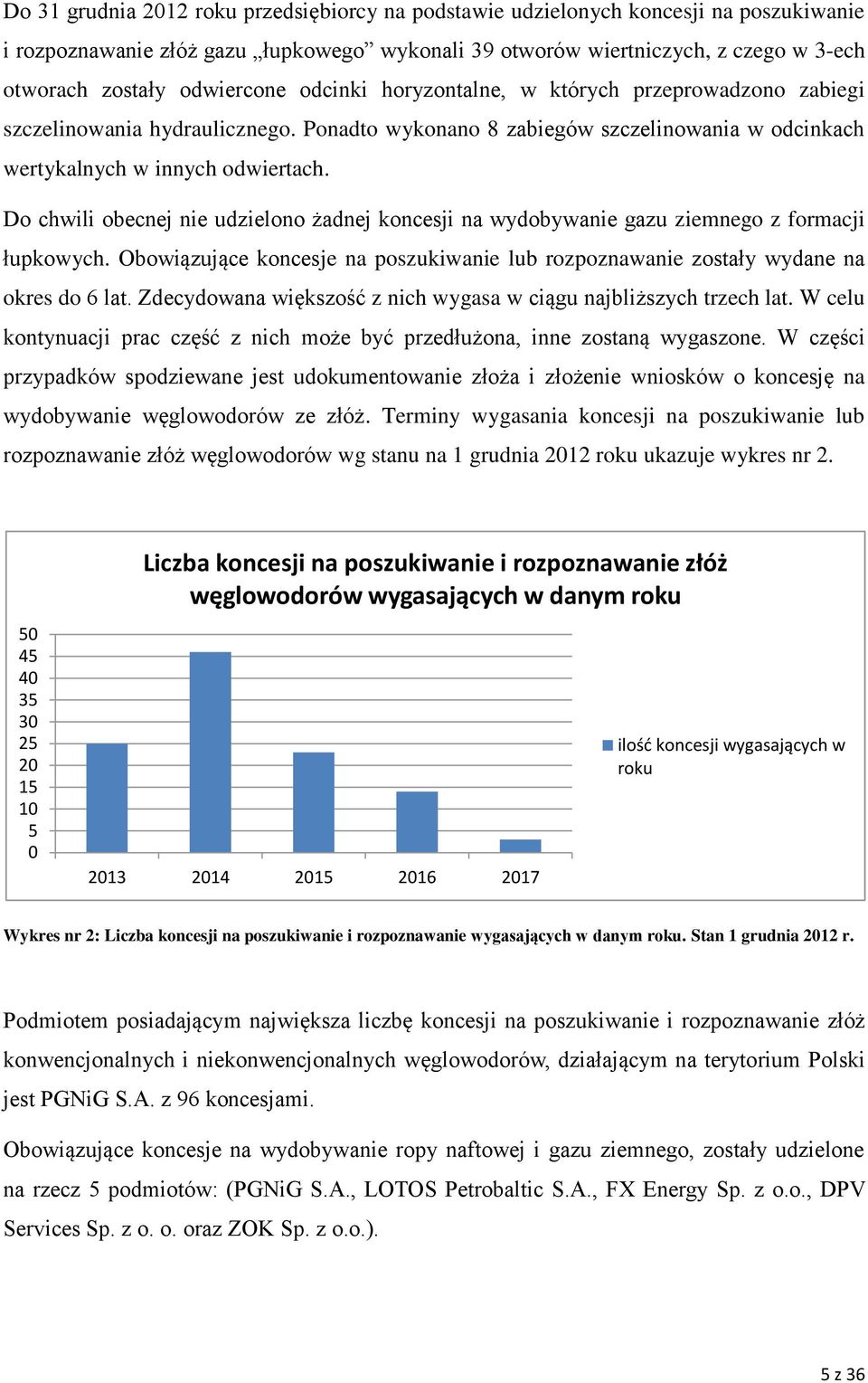 Do chwili obecnej nie udzielono żadnej koncesji na wydobywanie gazu ziemnego z formacji łupkowych. Obowiązujące koncesje na poszukiwanie lub rozpoznawanie zostały wydane na okres do 6 lat.