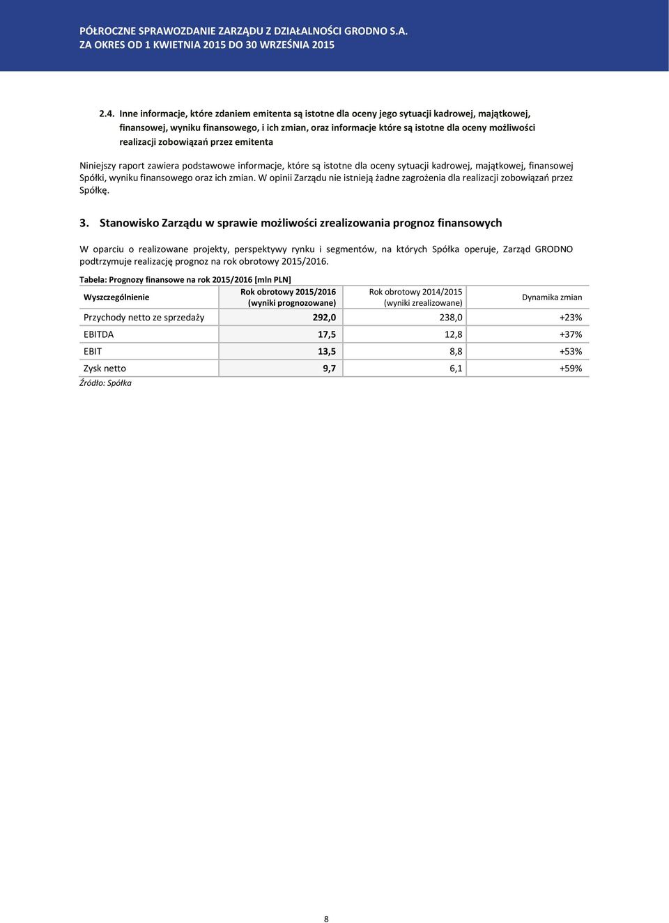 ich zmian. W opinii Zarządu nie istnieją żadne zagrożenia dla realizacji zobowiązań przez Spółkę. 3.