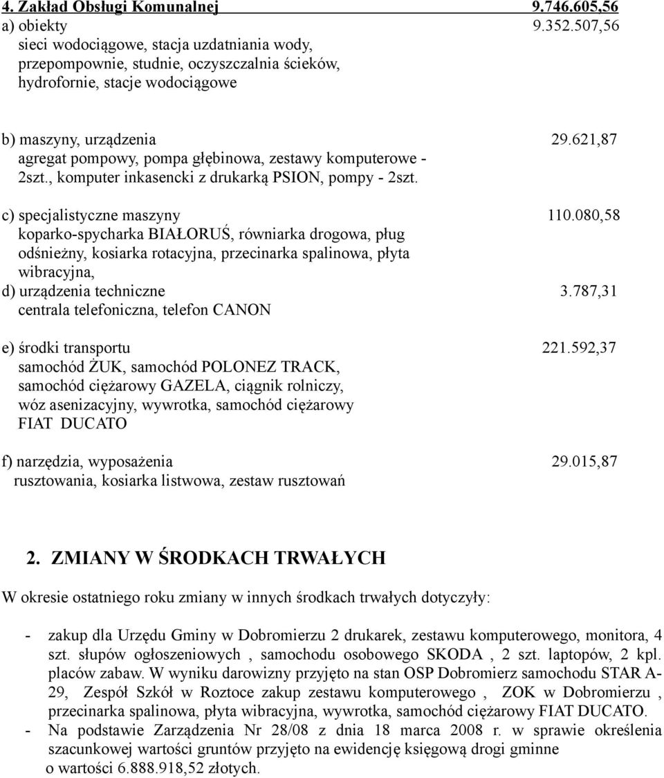 621,87 agregat pompowy, pompa głębinowa, zestawy komputerowe - 2szt., komputer inkasencki z drukarką PSION, pompy - 2szt. c) specjalistyczne maszyny 110.