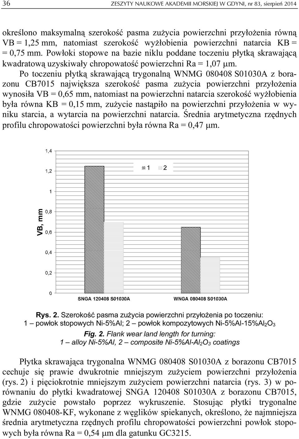 Po toczeniu płytką skrawającą trygonalną WNMG 080408 S01030A z borazonu CB7015 największa szerokość pasma zużycia powierzchni przyłożenia wynosiła VB = 0,65 mm, natomiast na powierzchni natarcia