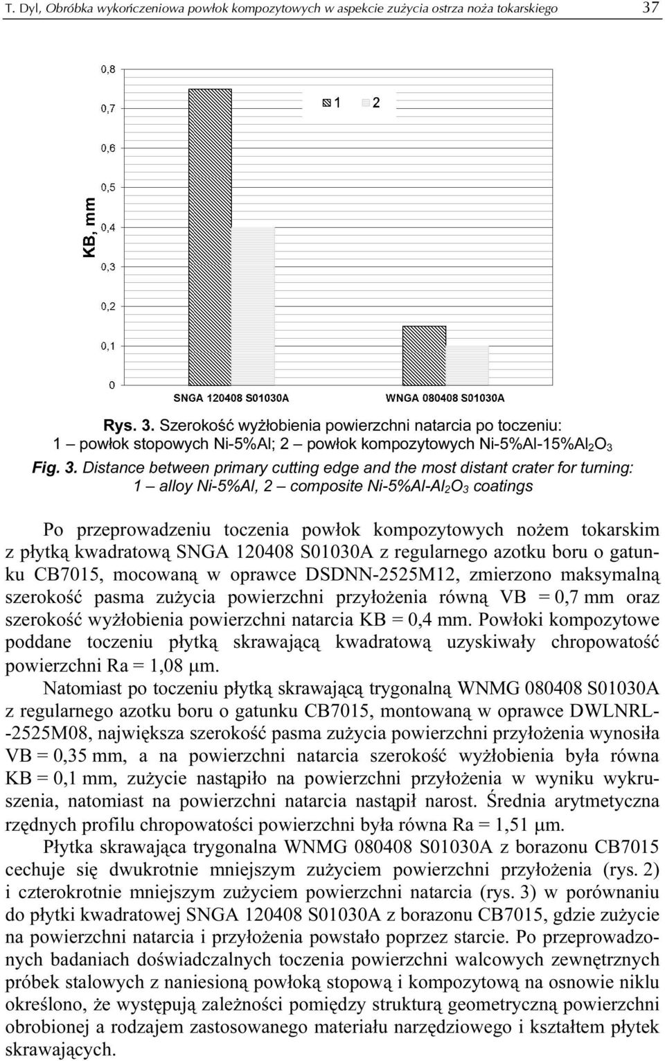 Szerokość wyżłobienia powierzchni natarcia po toczeniu: 1 powłok stopowych Ni-5%Al; 2 powłok kompozytowych Ni-5%Al-15%Al 2O 3 