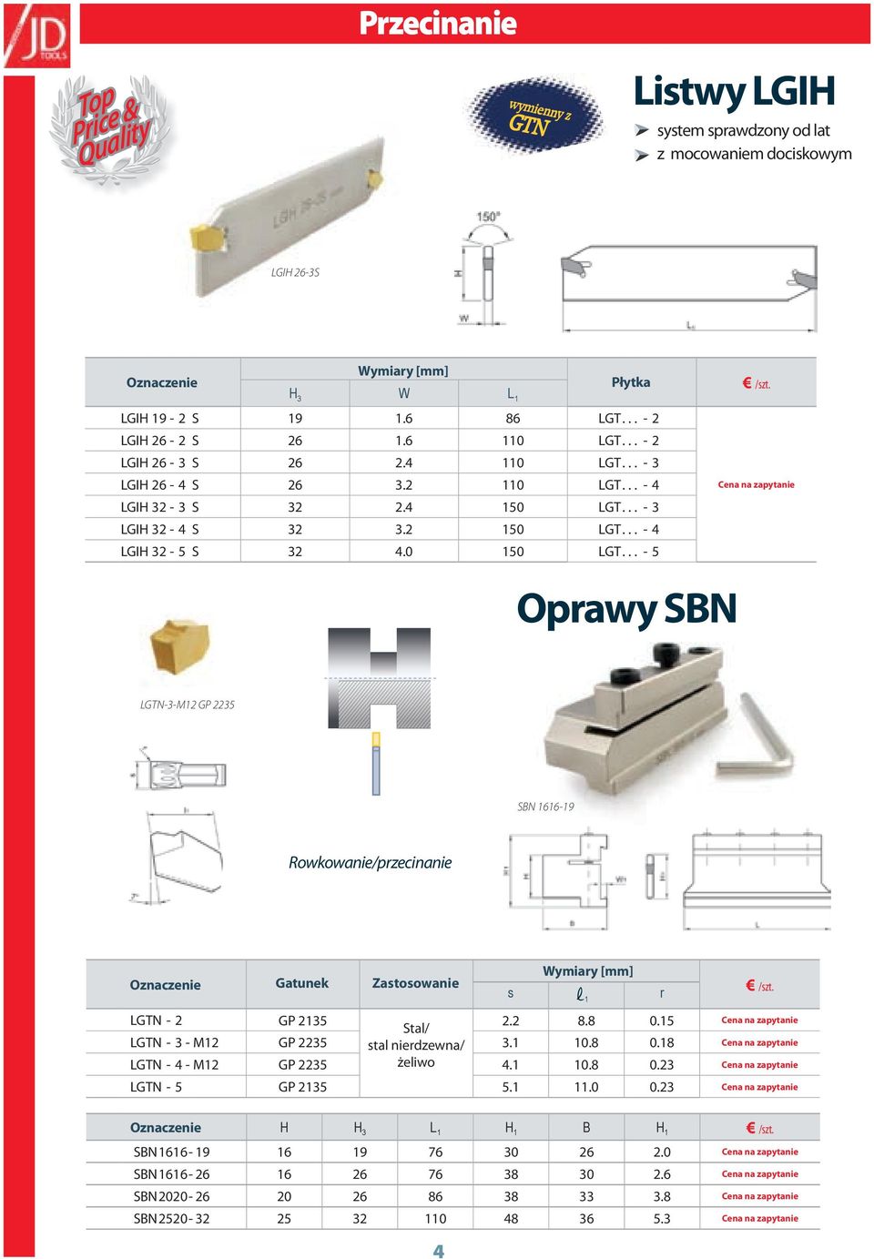 .. - 5 Oprawy SBN LGTN-3-M12 GP 2235 SBN 1616-19 Rowkowanie/przecinanie Gatunek Zastosowanie s 1 r LGTN - 2 GP 2135 Stal/ 2.2 8.8 0.15 LGTN - 3 - M12 GP 2235 stal nierdzewna/ 3.1 10.8 0.18 LGTN - 4 - M12 GP 2235 żeliwo 4.