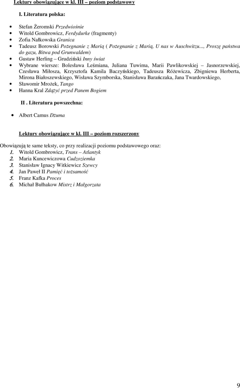 .., Proszę państwa do gazu, Bitwa pod Grunwaldem) Gustaw Herling Grudziński Inny świat Wybrane wiersze: Bolesława Leśmiana, Juliana Tuwima, Marii Pawlikowskiej Jasnorzewskiej, Czesława Miłosza,