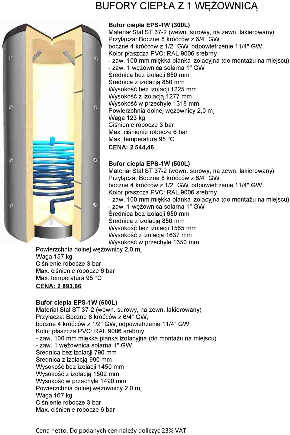 2,0 m Waga 123 kg CENA: 2 544,46 Bufor ciepła EPS-1W (500L) Przyłącza: Boczne 8 króćców z 6/4" GW, boczne 4 króćców z 1/2" GW, odpowietrzenie 11/4" GW - zaw.