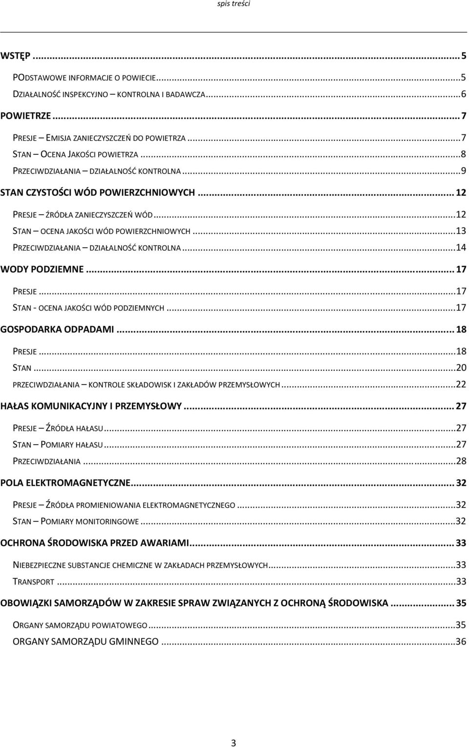 ..13 PRZECIWDZIAŁANIA DZIAŁALNOŚĆ KONTROLNA...14 WODY PODZIEMNE... 17 PRESJE...17 STAN OCENA JAKOŚCI WÓD PODZIEMNYCH...17 GOSPODARKA ODPADAMI... 18 PRESJE...18 STAN.
