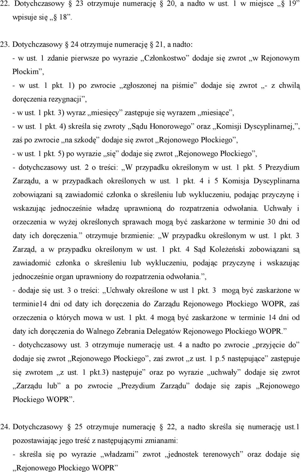 1 pkt. 4) skreśla się zwroty Sądu Honorowego oraz Komisji Dyscyplinarnej,, zaś po zwrocie na szkodę dodaje się zwrot Rejonowego Płockiego, - w ust. 1 pkt.