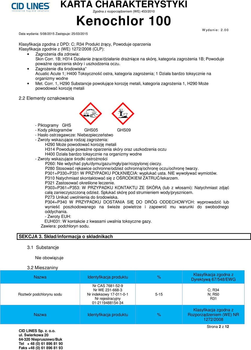 Zagrożenie dla środowiska Acuatic Acute 1; H400 Toksyczność ostra, kategoria zagrożenia; 1 Działa bardzo toksycznie na organizmy wodne Met. Corr.