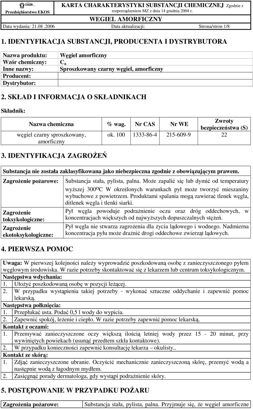 SKŁAD I INFORMACJA O SKŁADNIKACH Składnik: Nazwa chemiczna % wag. Nr CAS Nr WE Zwroty bezpieczeństwa (S) węgiel czarny sproszkowany, ok. 100 1333-86-4 215-609-9 22 amorficzny 3.