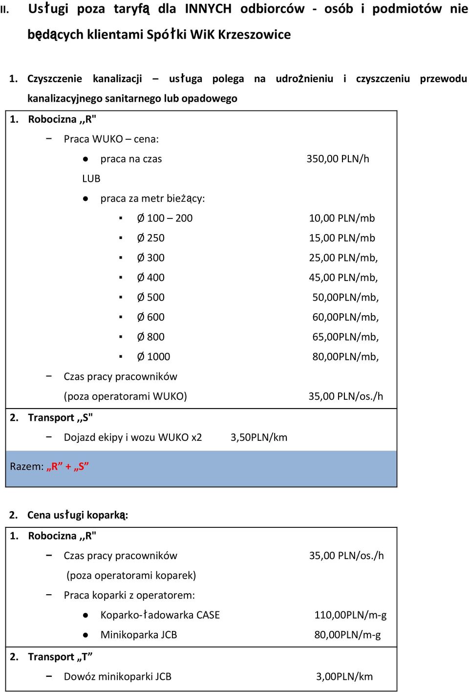 metr bieżący: Ø 100 200 10,00 PLN/mb Ø 250 15,00 PLN/mb Ø 300 25,00 PLN/mb, Ø 400 45,00 PLN/mb, Ø 500 50,00PLN/mb, Ø 600 60,00PLN/mb, Ø 800 65,00PLN/mb, Ø 1000 80,00PLN/mb, Czas