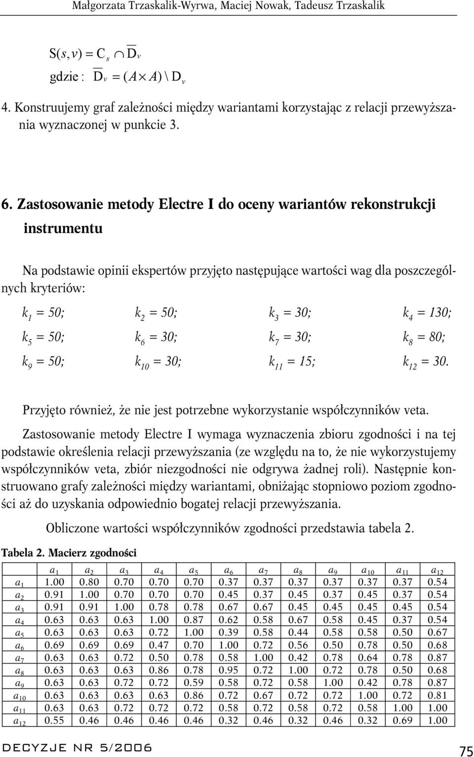 Zastosowanie metody Electre I do oceny wariantów rekonstrukcji instrumentu Na podstawie opinii ekspertów przyjęto następujące wartości wag dla poszczególnych kryteriów: k 1 = 50; k 2 = 50; k 3 = 30;