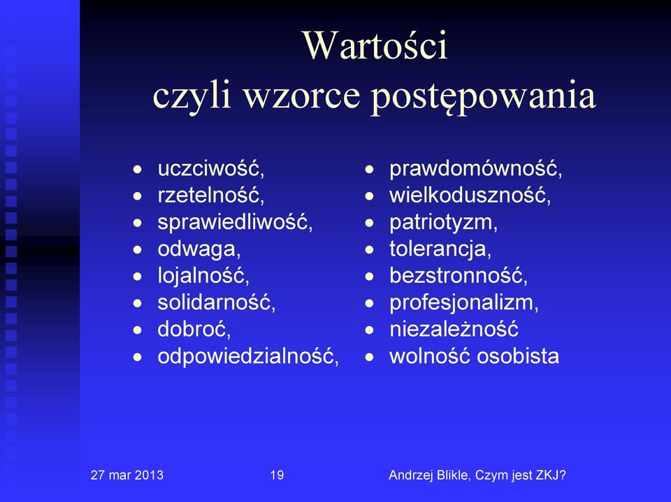 odpowiedzialność, prawdomówność, wielkoduszność, patriotyzm, tolerancja,