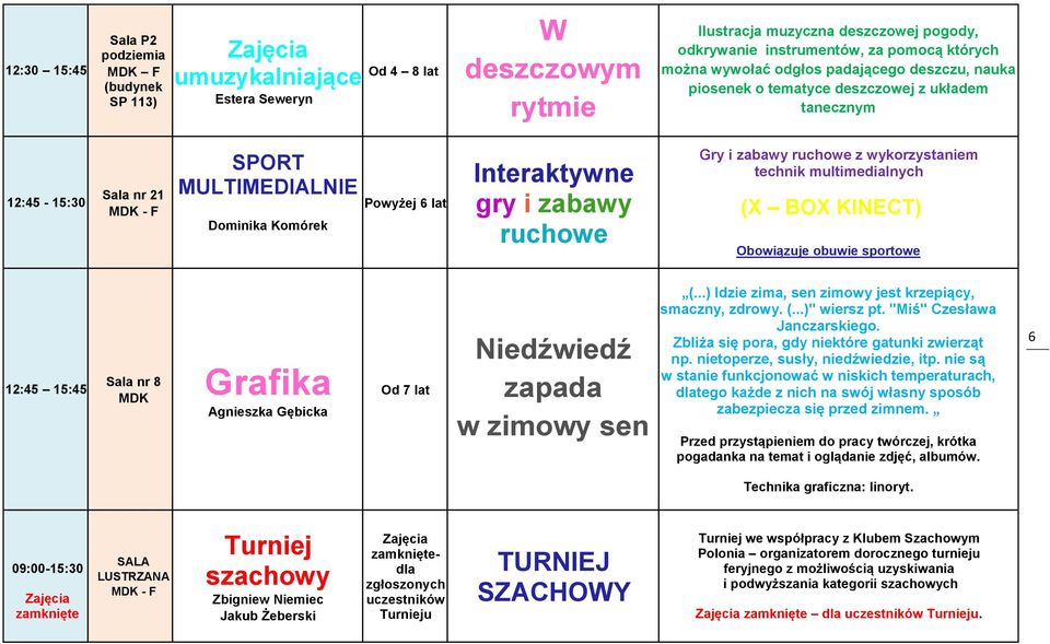 wykorzystaniem technik multimedialnych (X BOX KINECT) Obowiązuje obuwie sportowe 12:45 15:45 MDK Grafika Agnieszka Gębicka Od 7 lat Niedźwiedź zapada w zimowy sen (.