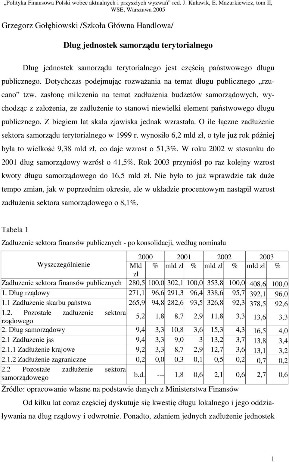 zasłon milczenia na temat zadłuenia budetów samorzdowych, wychodzc z załoenia, e zadłuenie to stanowi niewielki element pastwowego długu publicznego. Z biegiem lat skala zjawiska jednak wzrastała.