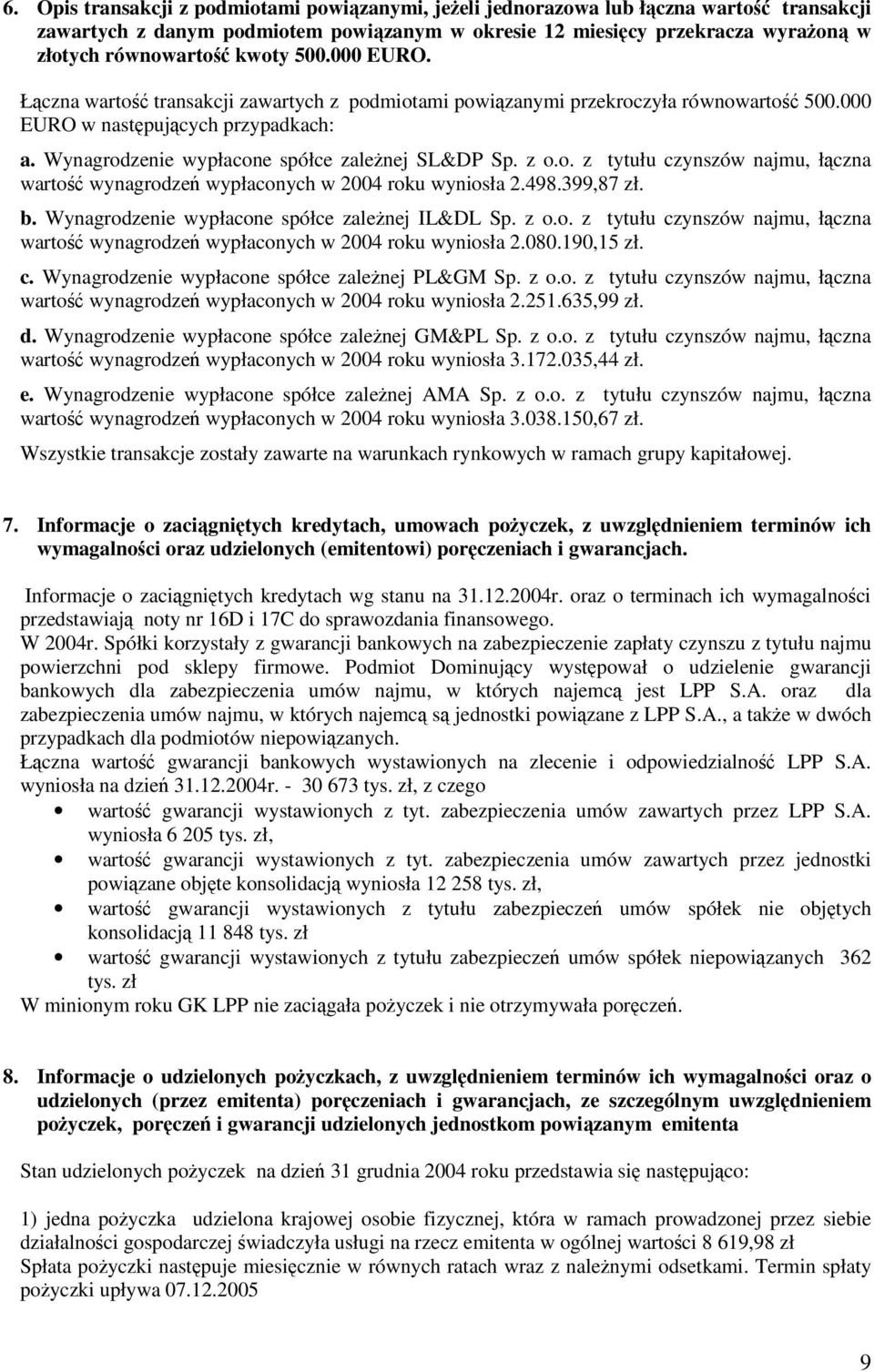 498.399,87 zł. b. Wynagrodzenie wypłacone spółce zalenej IL&DL Sp. z o.o. z tytułu czynszów najmu, łczna warto wynagrodze wypłaconych w 2004 roku wyniosła 2.080.190,15 zł. c. Wynagrodzenie wypłacone spółce zalenej PL&GM Sp.