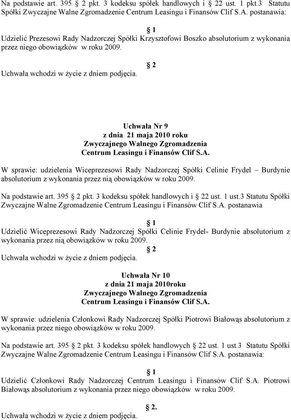 Uchwała Nr 9 W sprawie: udzielenia Wiceprezesowi Rady Nadzorczej Spółki Celinie Frydel Burdynie absolutorium z wykonania przez nią obowiązków w roku 2009. Na podstawie art. 395 pkt.