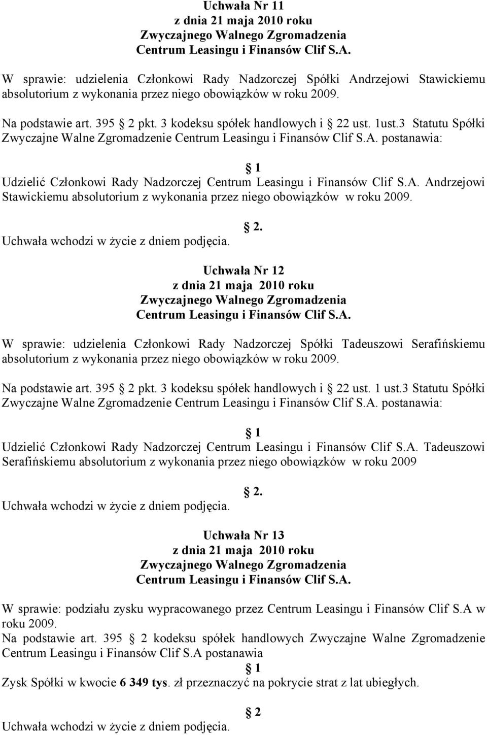 3 Statutu Spółki Zwyczajne Walne Zgromadzenie postanawia: Udzielić Członkowi Rady Nadzorczej Andrzejowi Stawickiemu absolutorium z wykonania przez niego obowiązków w roku 2009.