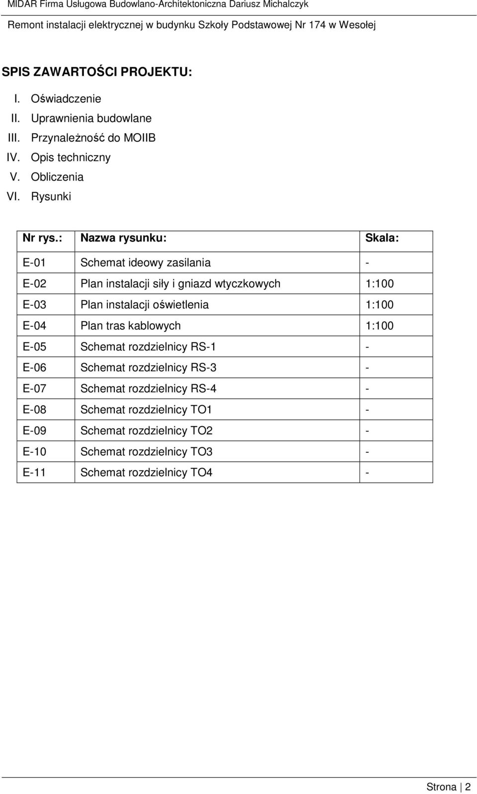 : Nazwa rysunku: Skala: E-01 Schemat ideowy zasilania - E-02 Plan instalacji siły i gniazd wtyczkowych 1:100 E-03 Plan instalacji