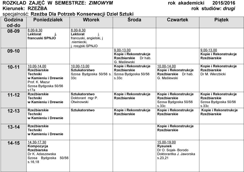 rosyjski SPNJO 09-10 Dr hab. G. Maślewski 10-11 10.00-14.00 Prof. K. Mazur s17a 11-12 12-13 10.00-13.00 Sztukatorstwo s. 33c Sztukatorstwo Doktorant mgr P.