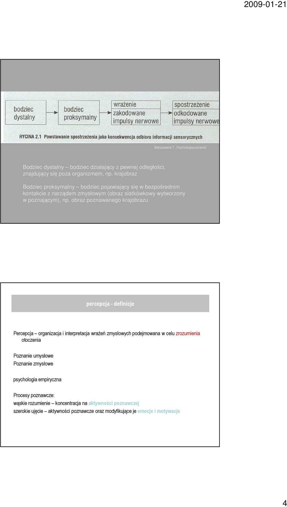 obraz poznawanego krajobrazu percepcja - definicje Percepcja organizacja i interpretacja wraŝeń zmysłowych podejmowana w celu zrozumienia otoczenia Poznanie