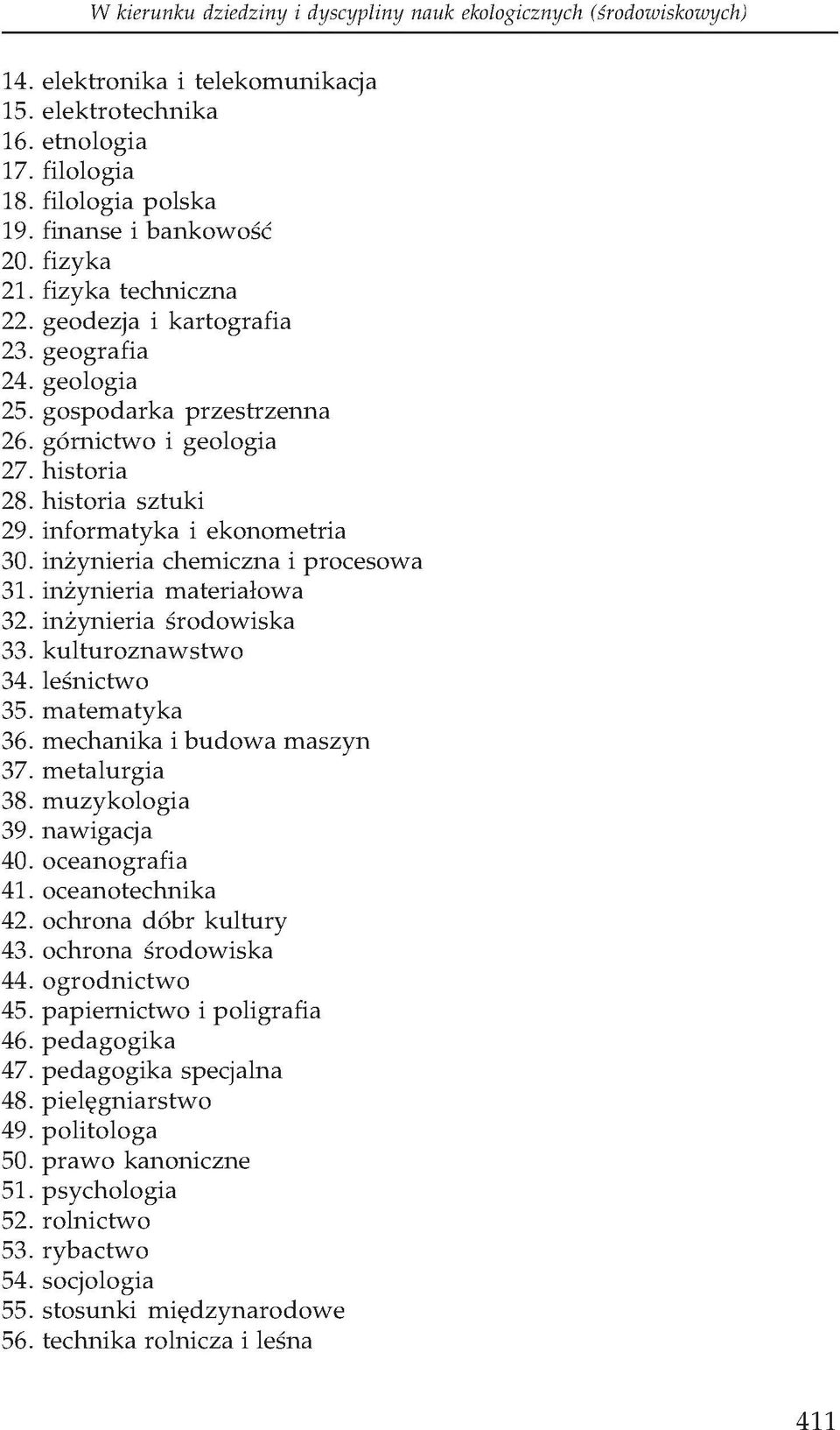 inżynieria materiałowa 32. inżynieria środowiska 33. kulturoznawstwo 34. leśnictwo 35. matematyka 36. mechanika i budowa maszyn 37. metalurgia 38. muzykologia 39. nawigacja 40. oceanografia 41.