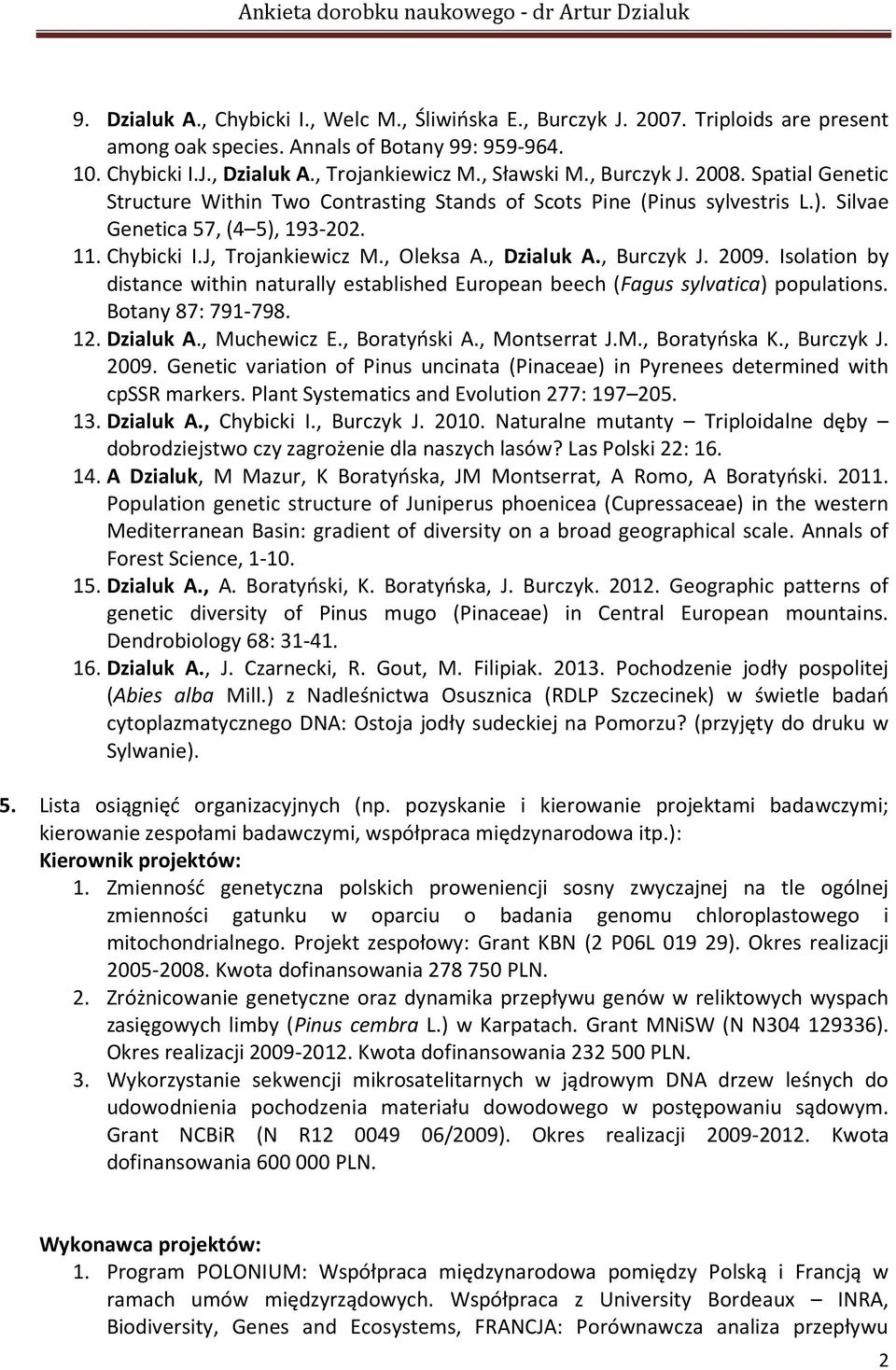 , Dzialuk A., Burczyk J. 2009. Isolation by distance within naturally established European beech (Fagus sylvatica) populations. Botany 87: 791-798. 12. Dzialuk A., Muchewicz E., Boratyński A.