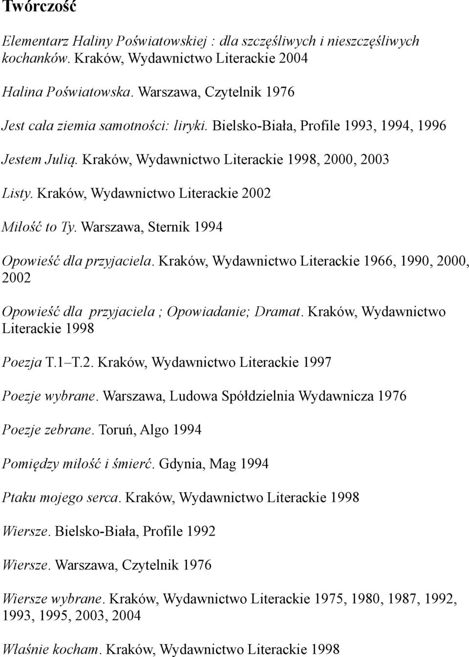 Kraków, Wydawnictwo Literackie 2002 Miłość to Ty. Warszawa, Sternik 1994 Opowieść dla przyjaciela. Kraków, Wydawnictwo Literackie 1966, 1990, 2000, 2002 Opowieść dla przyjaciela ; Opowiadanie; Dramat.