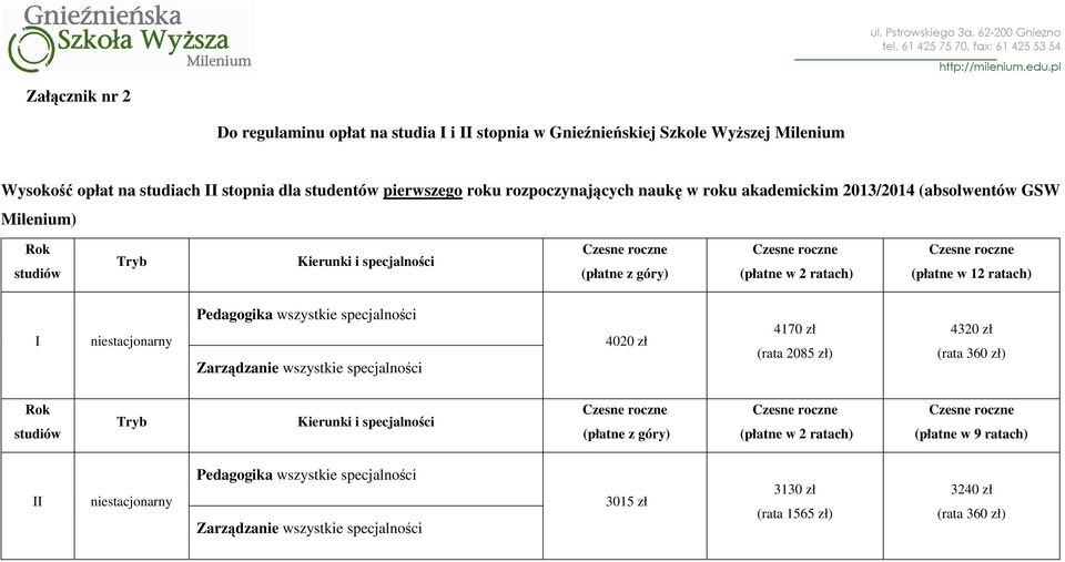 w roku akademickim 2013/2014 (absolwentów GSW Milenium) (płatne w 12 ratach) I 4020 zł 4170 zł