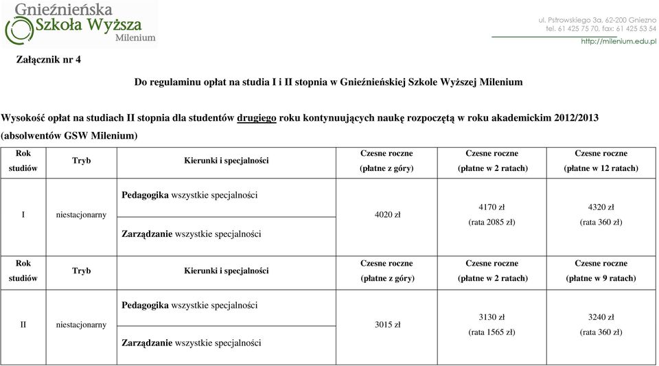 roku akademickim 2012/2013 (absolwentów GSW Milenium) (płatne w 12 ratach) I 4020 zł 4170 zł (rata