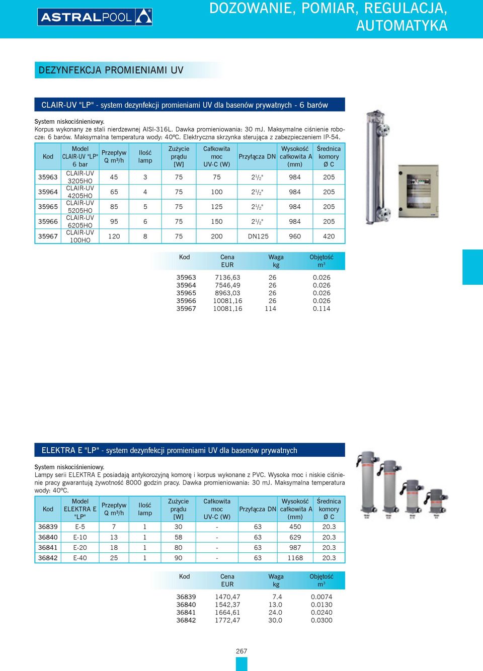 Kod 35963 35964 35965 35966 35967 Model CLAIR-UV "LP" 6 bar CLAIR-UV 3205HO CLAIR-UV 4205HO CLAIR-UV 5205HO CLAIR-UV 6205HO CLAIR-UV 100HO Przepływ Q m³/h Ilość lamp Zużycie prądu [W] Całkowita moc