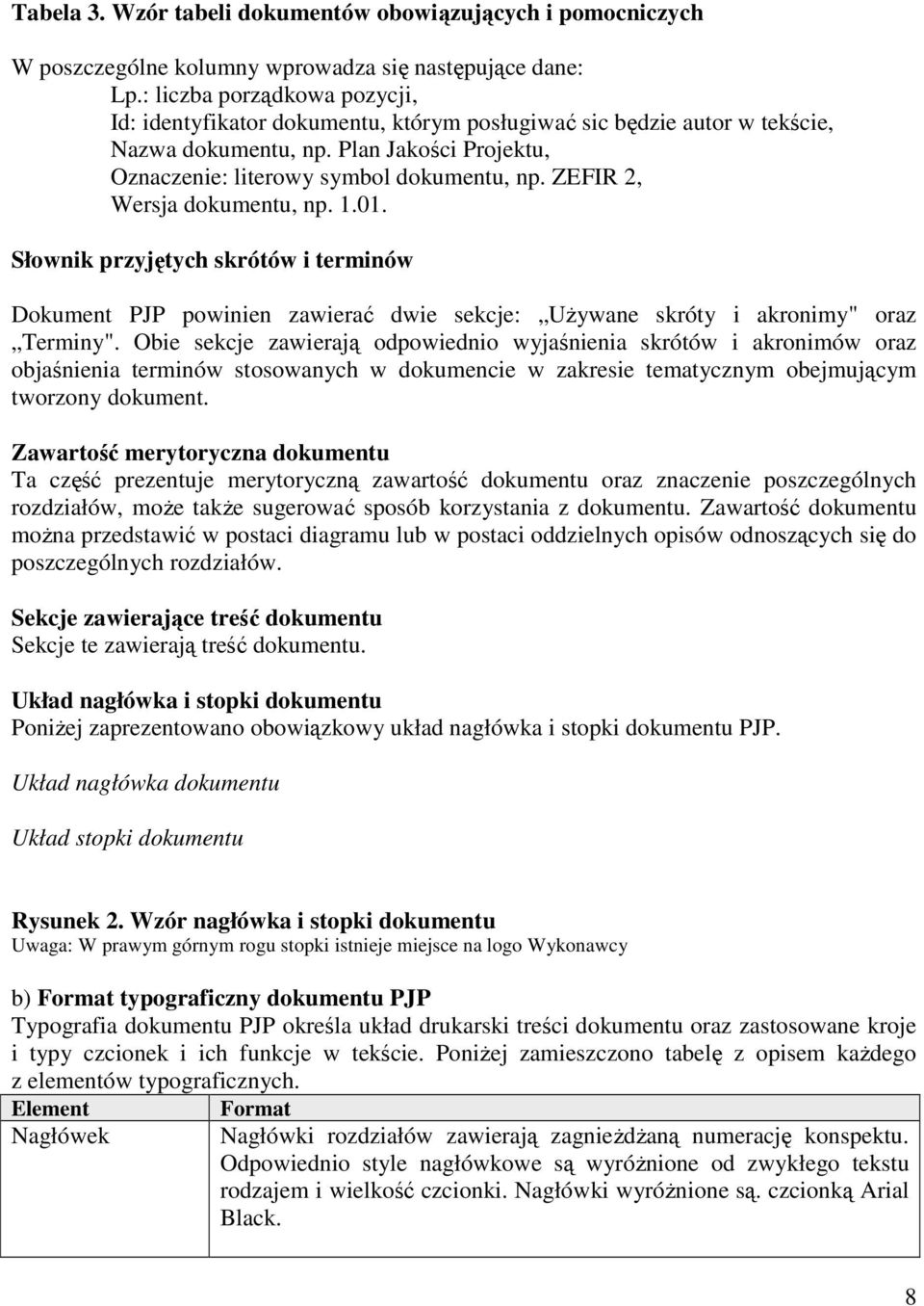 ZEFIR 2, Wersja dokumentu, np. 1.01. Słownik przyjętych skrótów i terminów Dokument PJP powinien zawierać dwie sekcje: Używane skróty i akronimy" oraz Terminy".