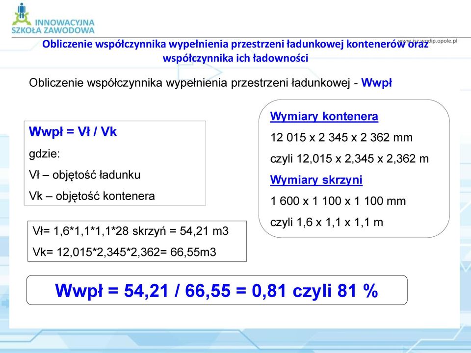 Vł= 1,6*1,1*1,1*28 skrzyń = 54,21 m3 Vk= 12,015*2,345*2,362= 66,55m3 Wymiary kontenera 12 015 x 2 345 x 2 362 mm czyli