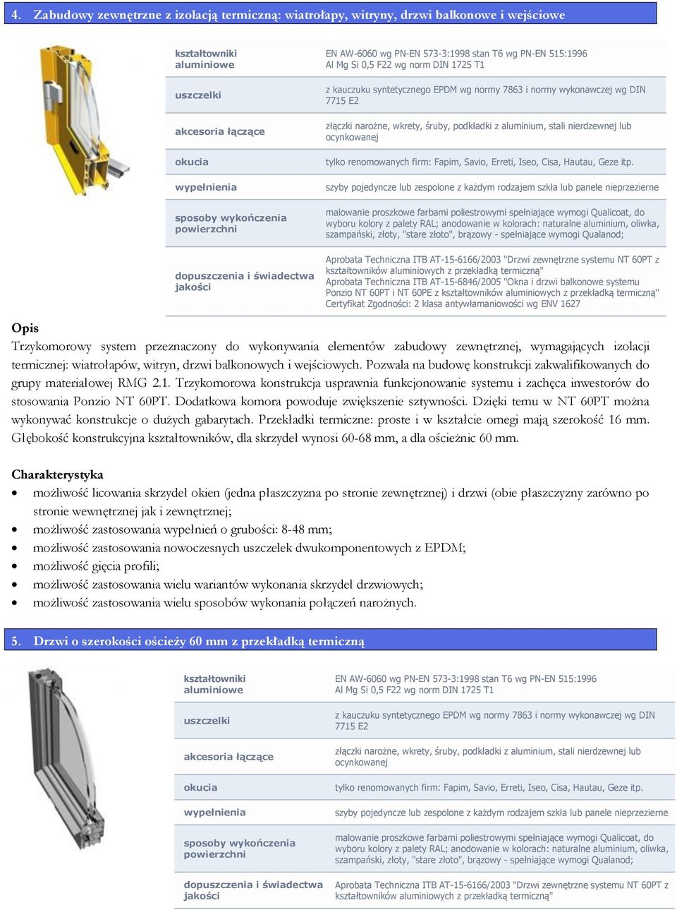 60PE z kształtowników aluminiowych z przekładką termiczną" Certyfikat Zgodności: 2 klasa antywłamaniowości wg ENV 1627 Trzykomorowy system przeznaczony do wykonywania elementów zabudowy zewnętrznej,