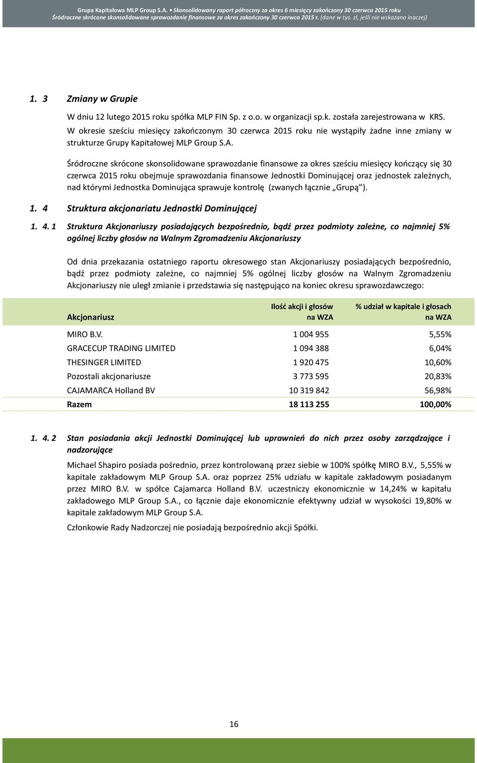 W okresie sześciu miesięcy zakończonym 30 czerwca 2015 roku nie wystąpiły żadne inne zmiany w strukturze Grupy Kapitałowej MLP Group S.A.