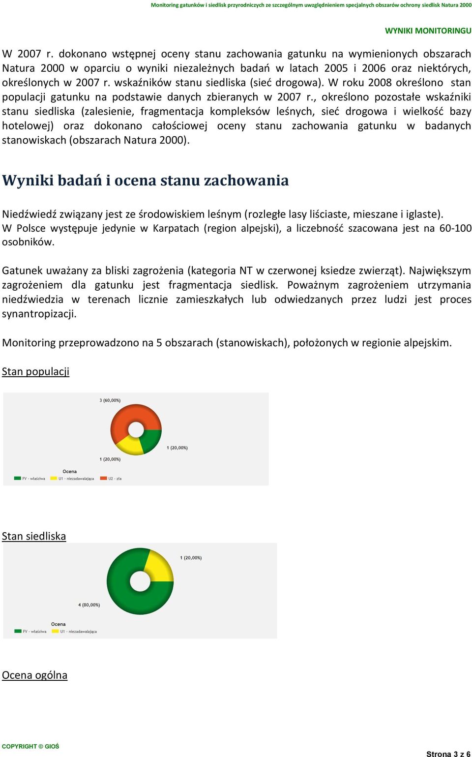 , określono pozostałe wskaźniki stanu siedliska (zalesienie, fragmentacja kompleksów leśnych, sieć drogowa i wielkość bazy hotelowej) oraz dokonano całościowej oceny stanu zachowania gatunku w