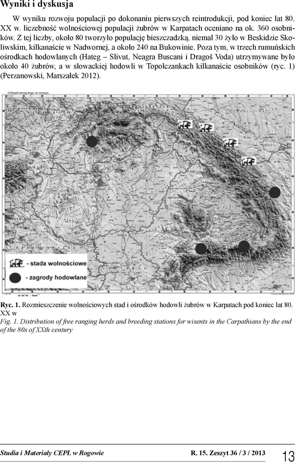 Poza tym, w trzech rumuńskich ośrodkach hodowlanych (Hateg Slivut, Neagra Buscani i Dragoš Voda) utrzymywane było około 40 żubrów, a w słowackiej hodowli w Topolczankach kilkanaście osobników (ryc.