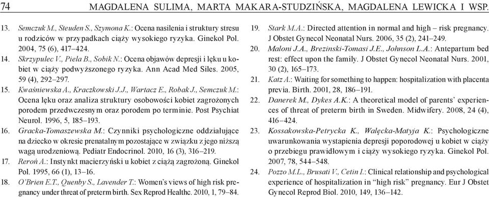 Kwaśniewska A., Kraczkowski J.J., Wartacz E., Robak J., Semczuk M. : Ocena lęku oraz analiza struktury osobowości kobiet zagrożonych porodem przedwczesnym oraz porodem po terminie.