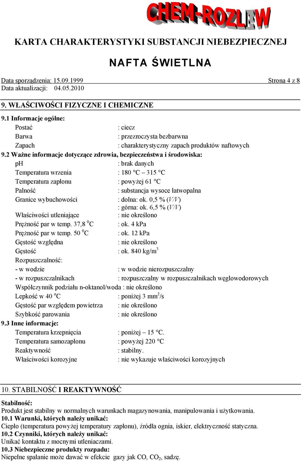 2 Ważne informacje dotyczące zdrowia, bezpieczeństwa i środowiska: ph : brak danych Temperatura wrzenia : 180 C 315 C Temperatura zapłonu : powyżej 61 C Palność : substancja wysoce łatwopalna Granice