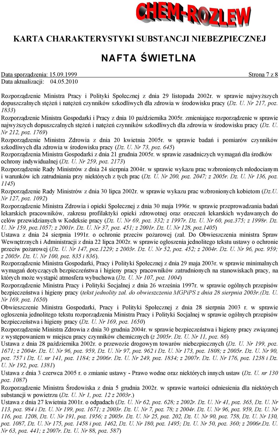 1833) Rozporządzenie Ministra Gospodarki i Pracy z dnia 10 października 2005r.