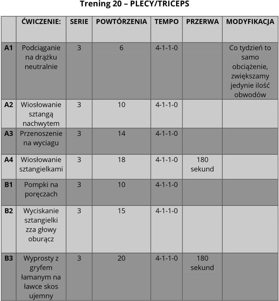 3 10 4-1-1-0 3 14 4-1-1-0 A4 B1 B2 Wiosłowanie Pompki na poręczach sztangielki zza głowy oburącz 3