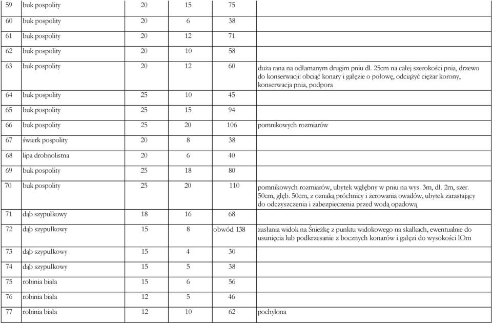 pospolity 25 20 106 pomnikowych rozmiarów 67 świerk pospolity 20 8 38 68 lipa drobnolistna 20 6 40 69 buk pospolity 25 18 80 70 buk pospolity 25 20 110 pomnikowych rozmiarów, ubytek wgłębny w pniu na