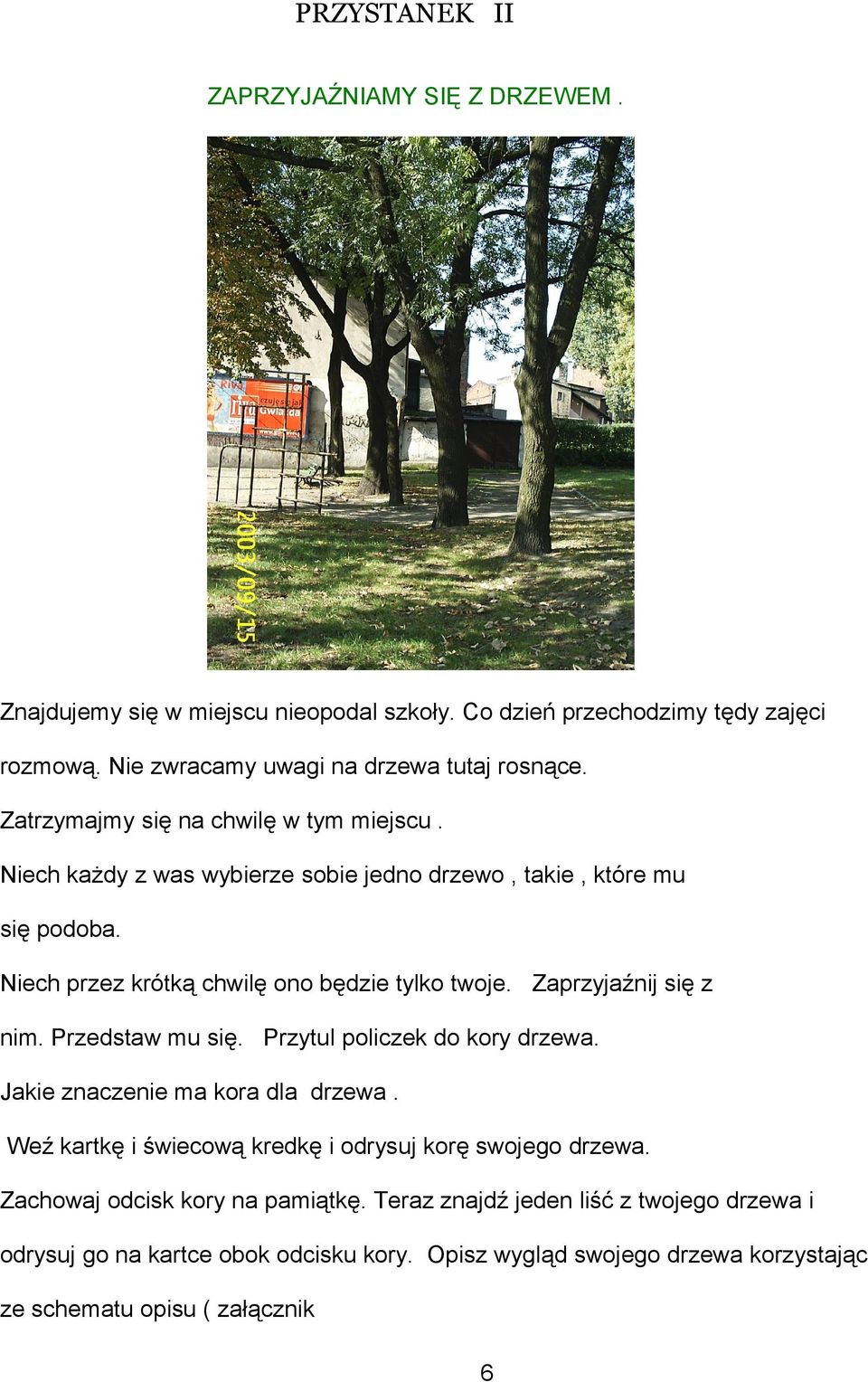 Zaprzyjaźnij się z nim. Przedstaw mu się. Przytul policzek do kory drzewa. Jakie znaczenie ma kora dla drzewa. Weź kartkę i świecową kredkę i odrysuj korę swojego drzewa.