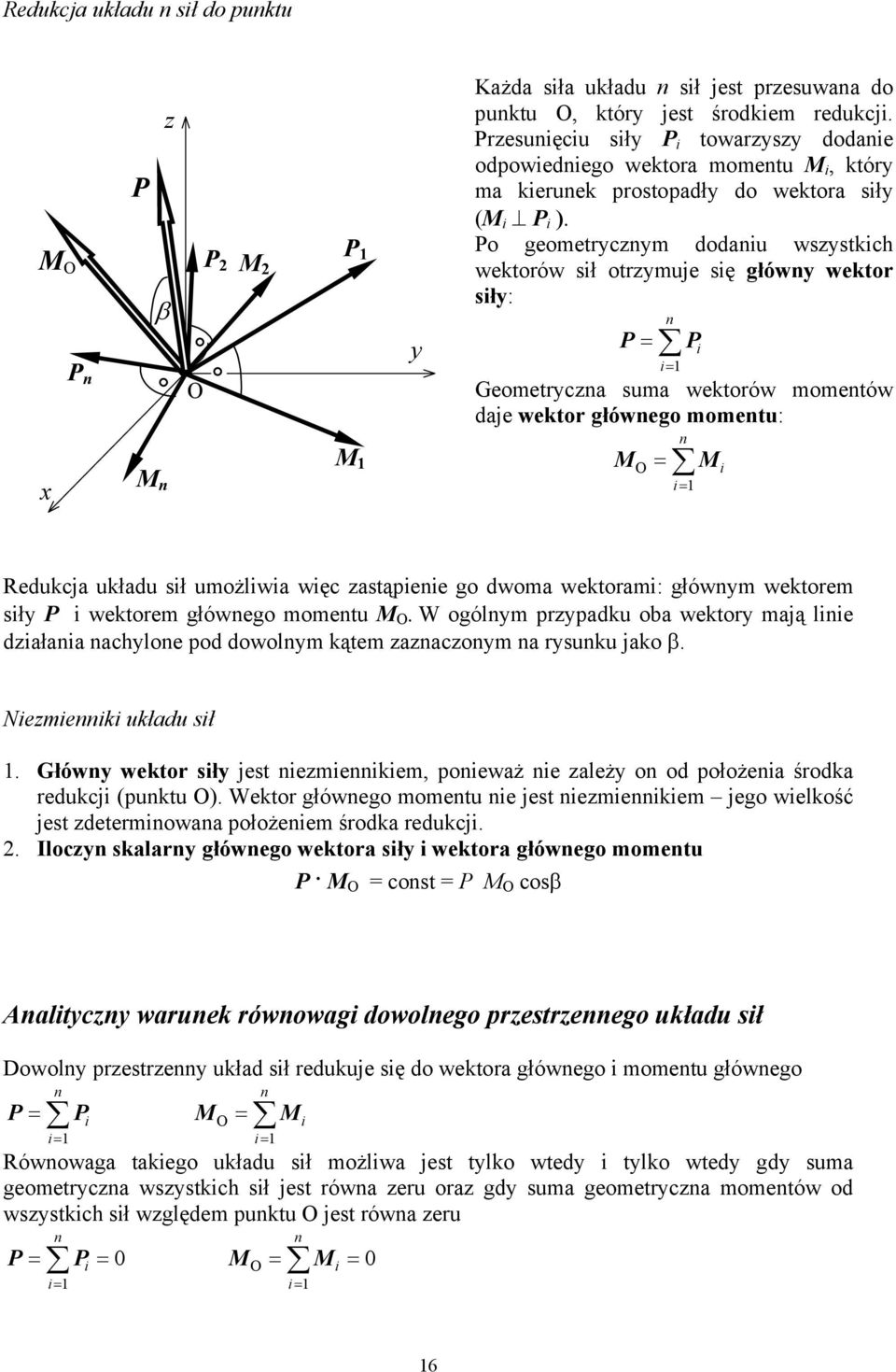 wektoem główego mometu M. W ogólm ppadku oba wekto mają le dałaa achloe pod dowolm kątem aacom a suku jako β. Nemek układu sł.