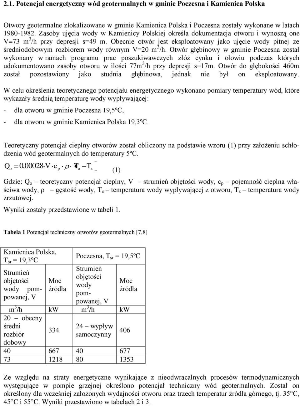 Obecnie otwór jest eksploatowany jako ujęcie pitnej ze średniodobowym rozbiorem równym V=20 m 3 /h.