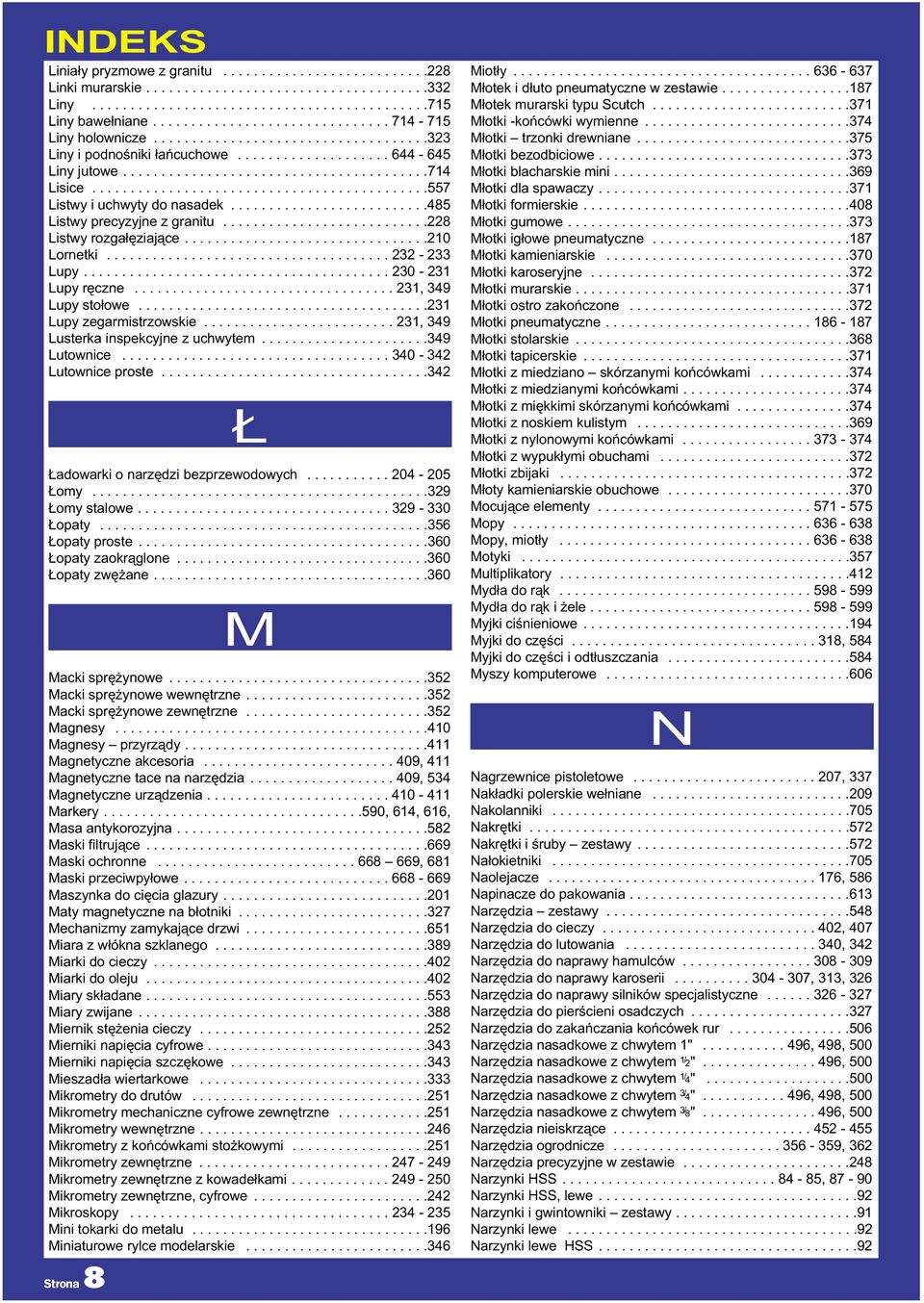 ...........................................557 Listwy i uchwyty do nasadek..........................485 Listwy precyzyjne z granitu...........................228 Listwy rozgałęziające................................210 Lornetki.