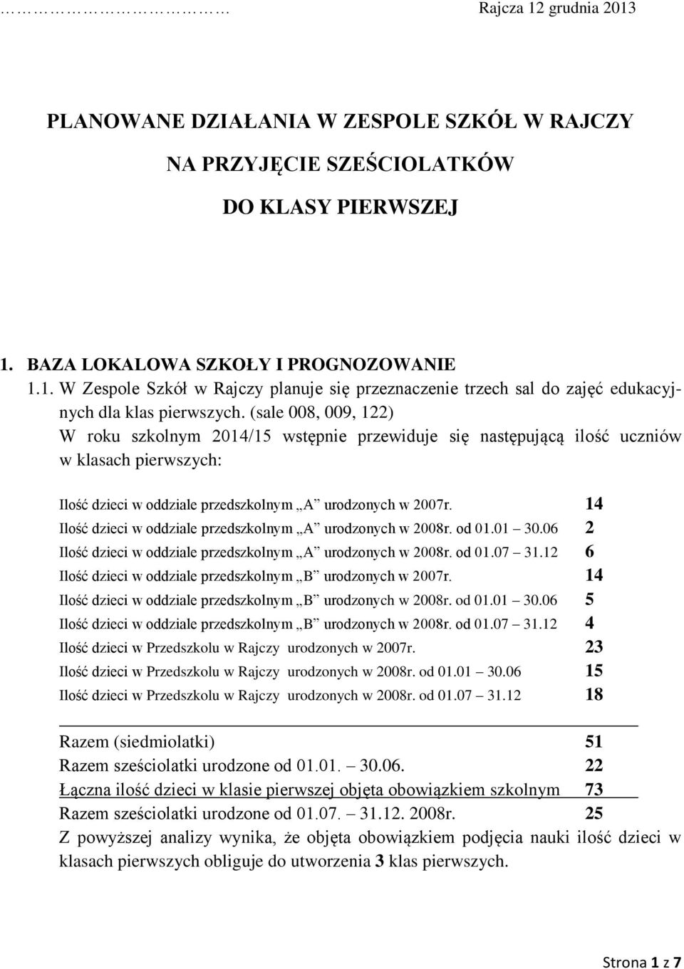 14 Ilość dzieci w oddziale przedszkolnym A urodzonych w 2008r. od 01.01 30.06 2 Ilość dzieci w oddziale przedszkolnym A urodzonych w 2008r. od 01.07 31.