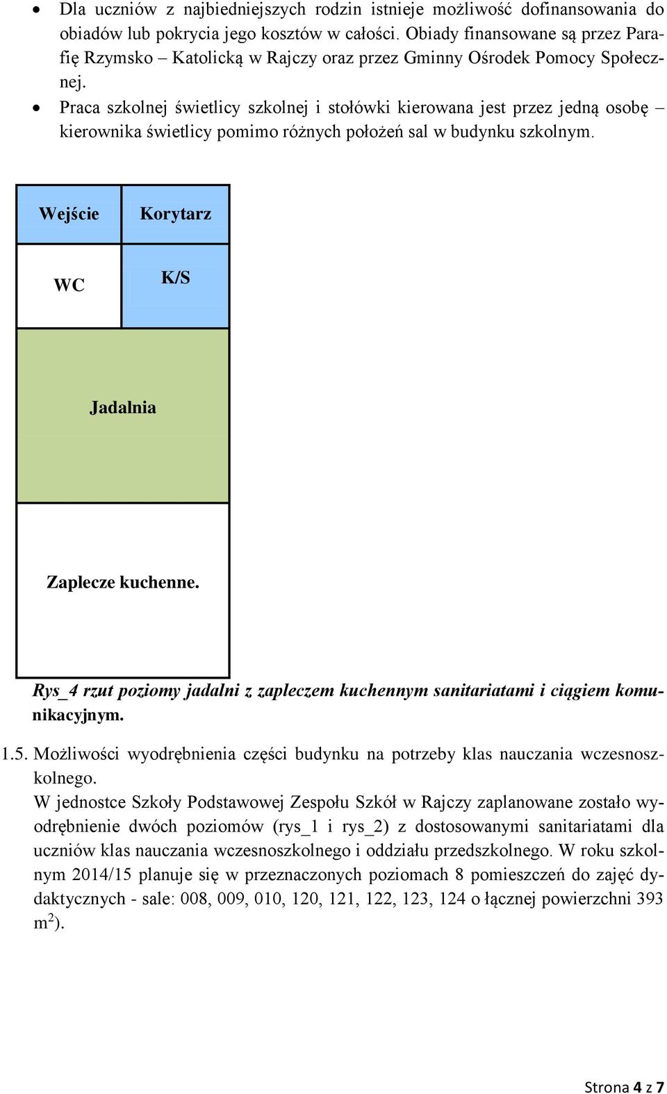 Praca szkolnej świetlicy szkolnej i stołówki kierowana jest przez jedną osobę kierownika świetlicy pomimo różnych położeń sal w budynku szkolnym. Wejście K/S Jadalnia Zaplecze kuchenne.