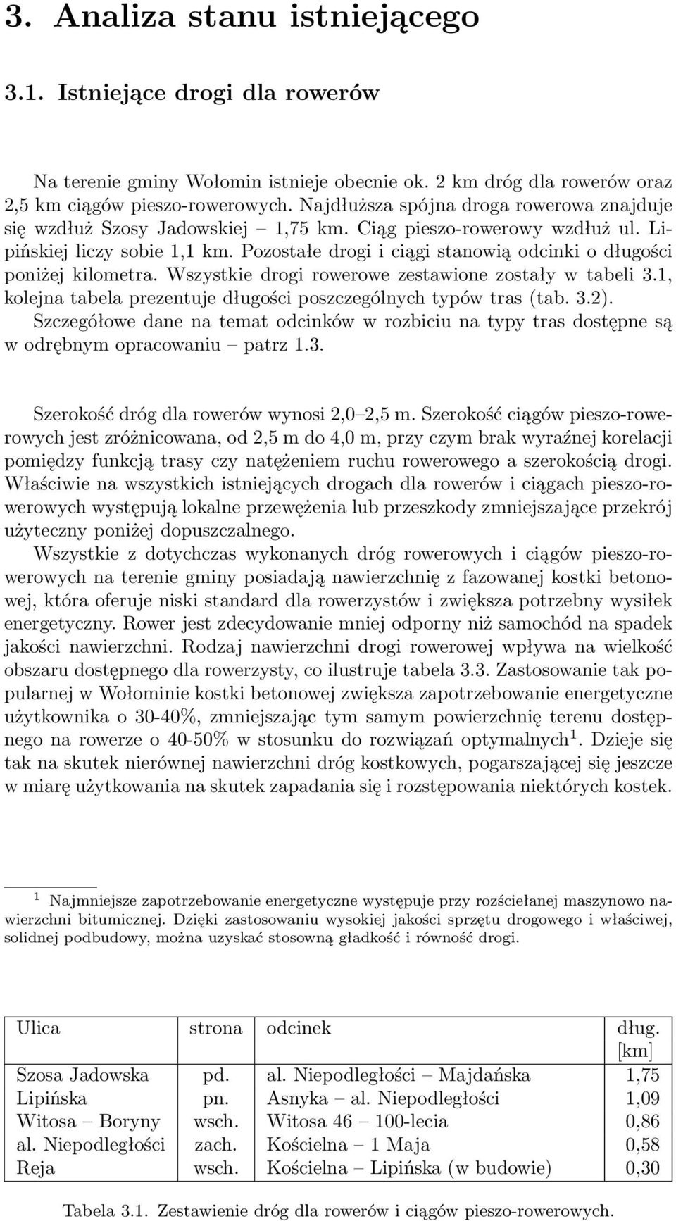 Pozostałe drogi i ciągi stanowią odcinki o długości poniżej kilometra. Wszystkie drogi rowerowe zestawione zostały w tabeli 3.1, kolejna tabela prezentuje długości poszczególnych typów tras (tab. 3.2).