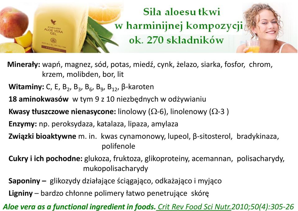 kwas cynamonowy, lupeol, β-sitosterol, bradykinaza, polifenole Cukry i ich pochodne: glukoza, fruktoza, glikoproteiny, acemannan, polisacharydy, mukopolisacharydy Saponiny